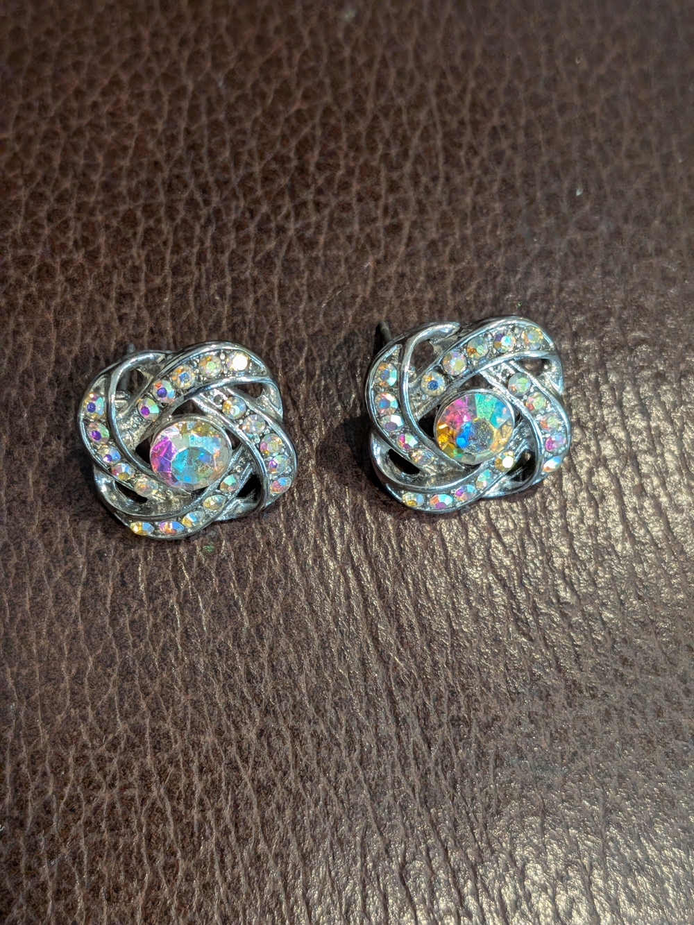 Iridescent Knot Stud Earrings in Silver with Aurora Center